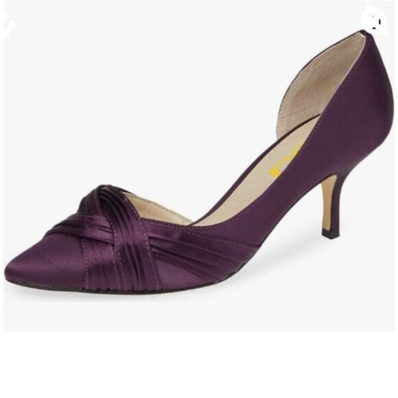FSJ Women Low Kitten Heels Pointed Toe Slip on Pumps Pleated Satin Heels Purple - Picture 1 of 7